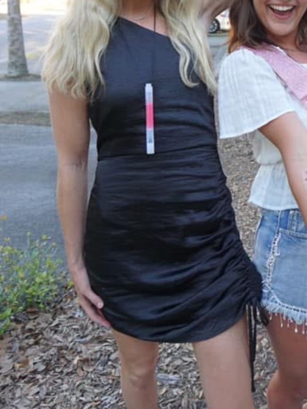 glam One-Shoulder Black Satin Mini Dress